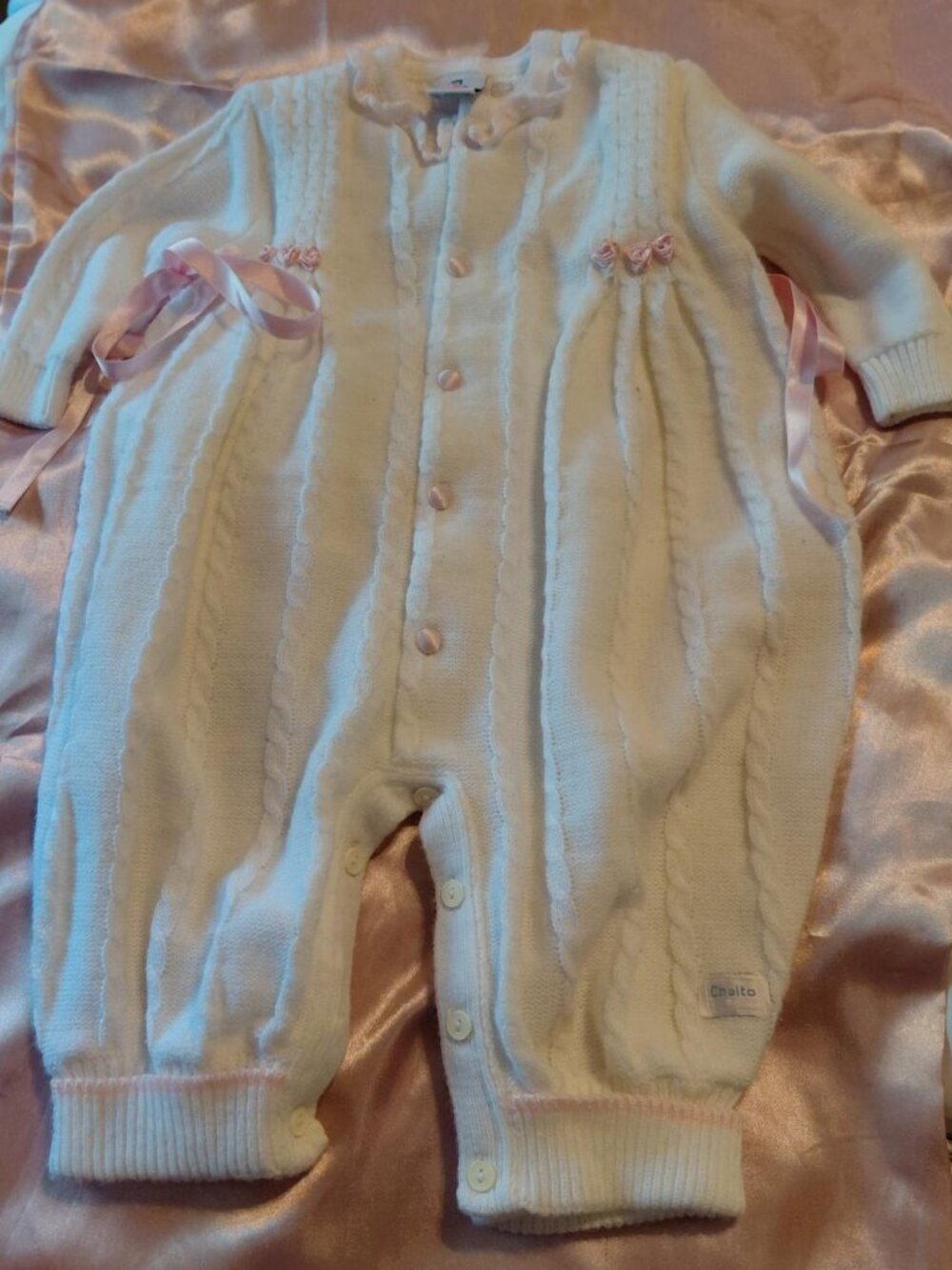 Vintage Cha-O White w/Pink Trim Knit Onsie
